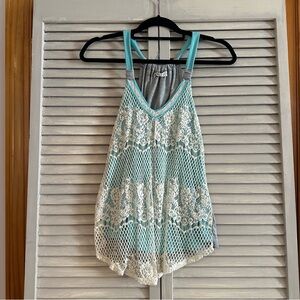 Jolt Light Gray Teal Lace Knit Top